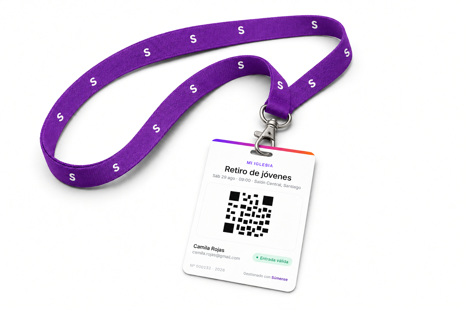Credencial Súmense con lanyard violeta